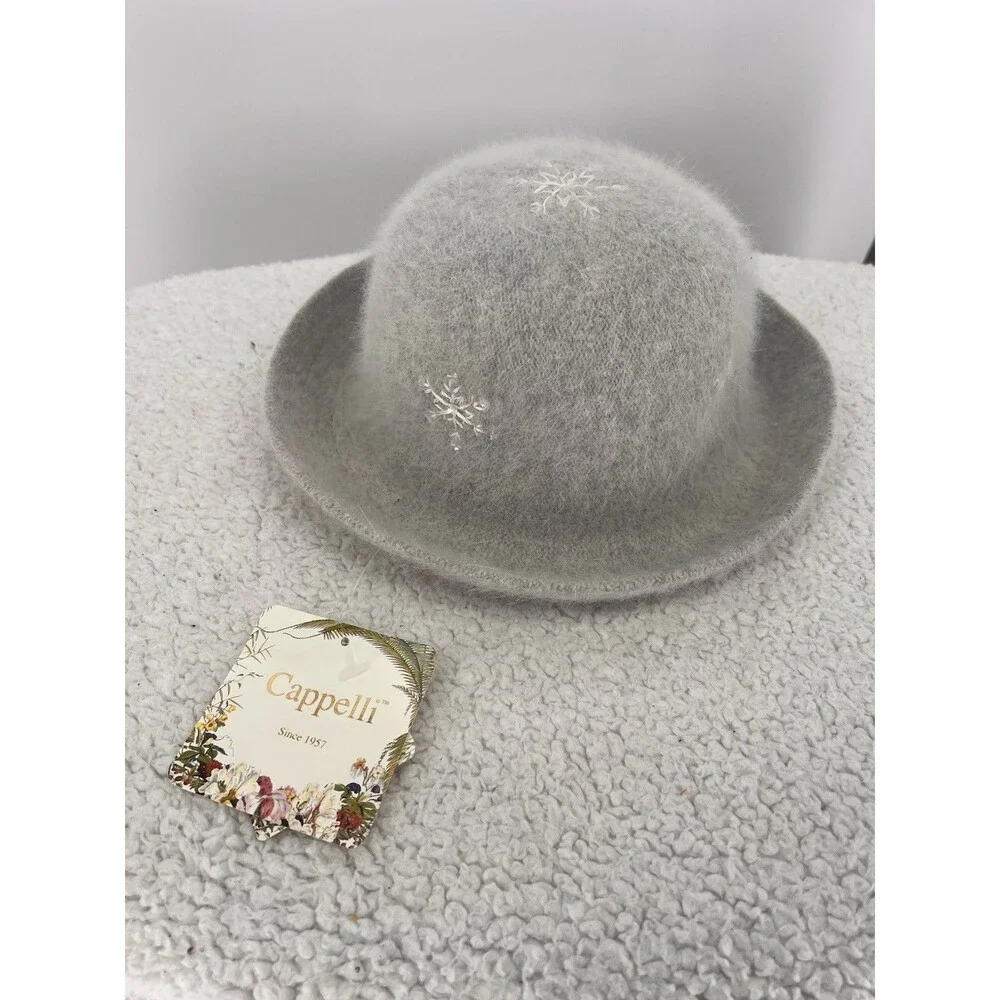 New Capelli Women's Angora Wool Blend Gray Fedora Hat Snowflakes Hand Made Warm